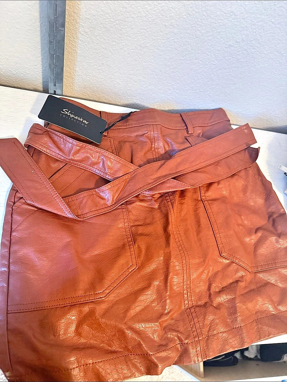 Faux Leather Mini Skirt in Brown